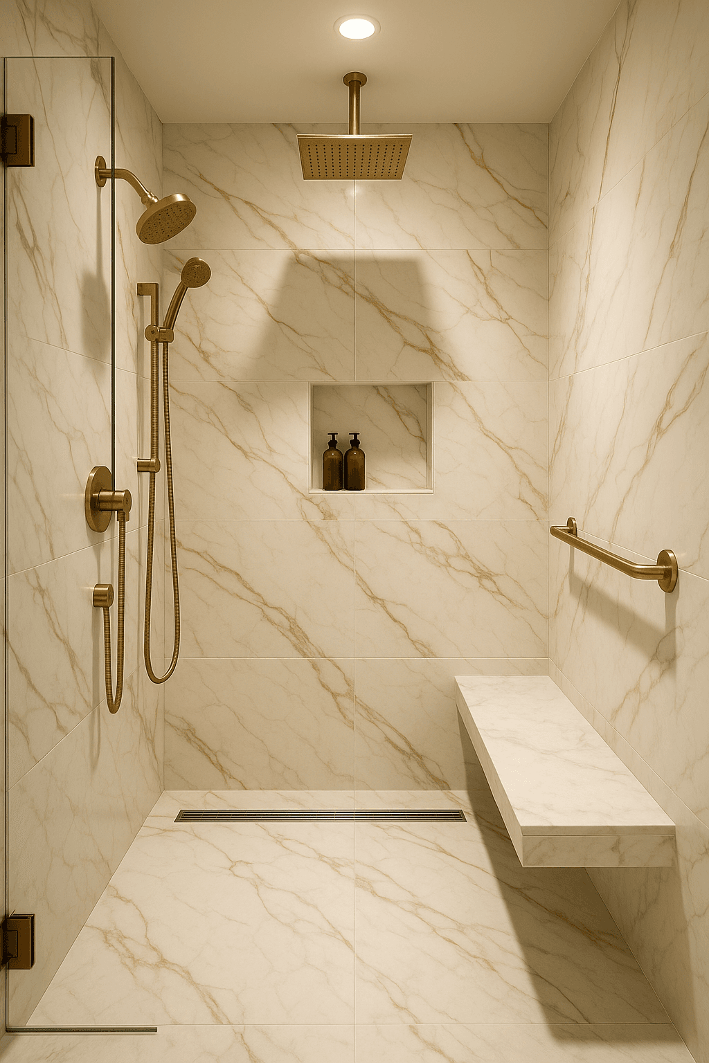 Barrier-free bathroom with grab bars and walk-in shower for accessibility